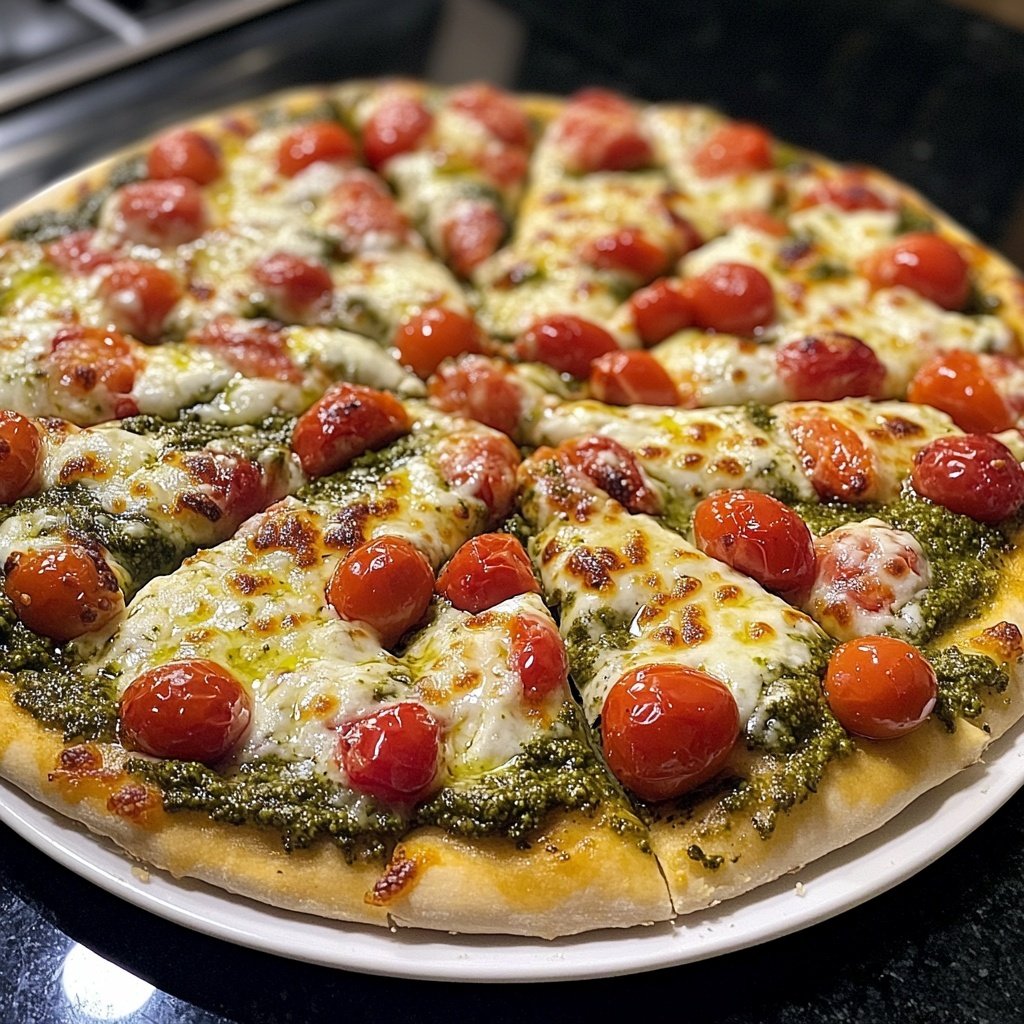 Pizza mit Pesto und Kirschtomaten