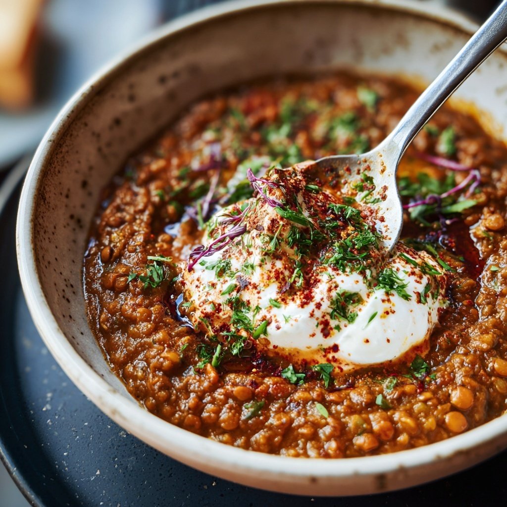Abendessen vegetarisch mit Linsensauce